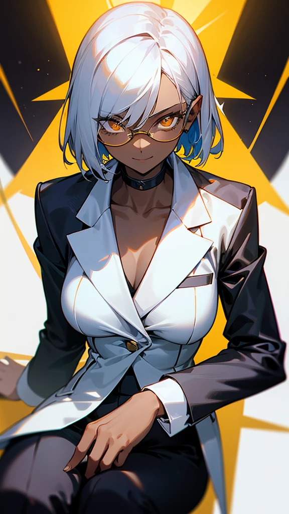 1 Female, adult, dark skinned women, long white short hair, hair over the ears, golden eyes, glasses, black business suit, black tailored jacket, white shirt, black pantsuit, off jacket, malicious smile, sharp eye, (collarbone), sitting,