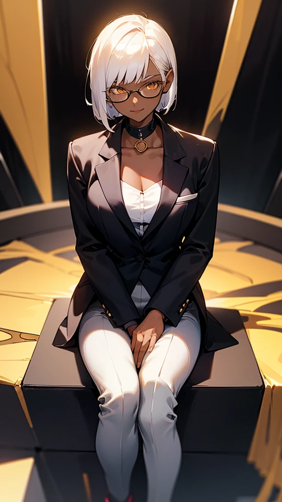 1 Female, adult, dark skinned women, long white short hair, hair over the ears, golden eyes, glasses, black business suit, black tailored jacket, white shirt, black pantsuit, off jacket, malicious smile, sharp eye, (collarbone), sitting,