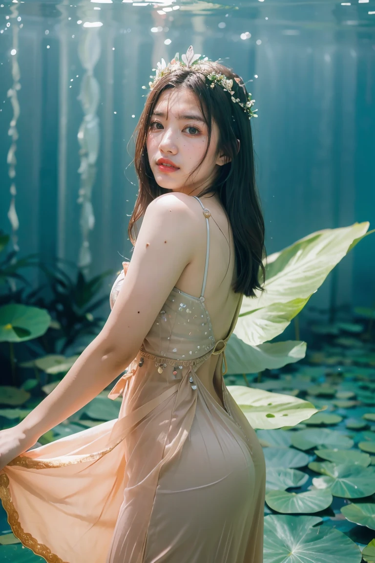 (best quality,4k,8k,highres,masterpiece:1.2),ultra-detailed,(realistic,photorealistic,photo-realistic:1.37),Kim Jisoo as Neptune Fairy,beautiful detailed eyes,beautiful detailed lips,extremely detailed eyes and face,longeyelashes,shimmering tail flowing in water,sparkling aquamarine colored wings,soft and radiant light illuminating the scene,ethereal and dreamy atmosphere,floral crown with delicate water lilies,flowing pastel-colored gown with intricate details,graceful and elegant pose,serene expression on Jisoo's face,subtle underwater scenery in the background,breathtaking underwater garden,floating bubbles adding a touch of magic,gentle waves caressing the scene,glimmering reflections dancing on the surface,soft and pastel color palette,creating a sense of tranquility and enchantment,stunning visual effects highlighting the mythical nature,neptunian energy radiating from Jisoo's presence,immersing viewers into a realm of fantasy and wonder,blending elements of mythology and beauty,transforming Jisoo into a mesmerizing Neptune Fairy.