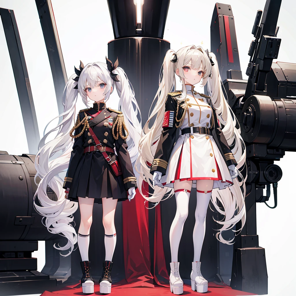 (Whole body), Two girls, beige hair, white hair,twin tails, long hair, standing, white background, high quality, military uniform, platform boots