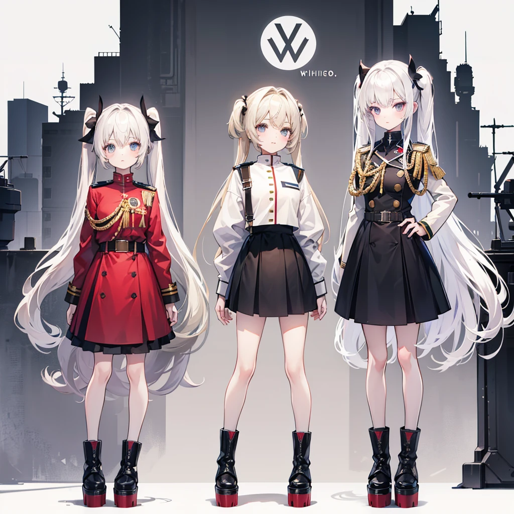(Whole body), Two girls, beige hair, white hair,twin tails, long hair, standing, white background, high quality, military uniform, platform boots