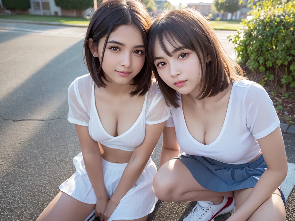 ((((masterpiece, Highest quality, High resolution)))), Extremely detailed 8K, Beautiful Indian, Fair-skinned girl with a voluptuous body, (Ultra HD, Super detailed, Very detailed, Very realistic, Ultra-realistic, Photo Real), (One girl:1.5), (Realistic colored hair), Short Wavy Hair, Bobcut, (Dynamic pose for the camera, Naughty smile, blue eyes, (Small Bust:1.5), Beautifully detailed face, Beautiful attention to detail), (See-through white high school casual T-shirt:1.0), Cleavage, (See-through white cotton skirt:1.0), shine, Sweat, (Sunbeam, sunlight, (high school shoes:1.2).