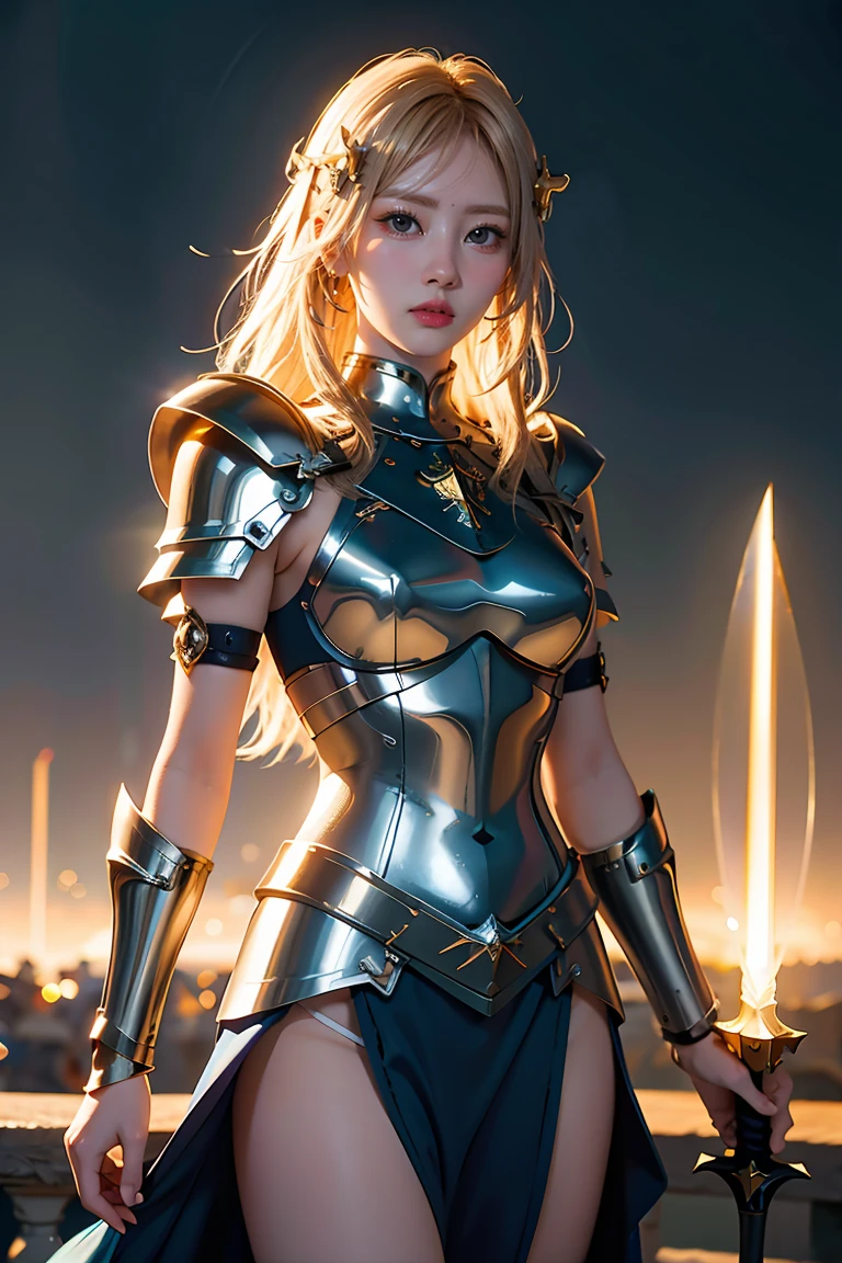 (masterpiece, best quality), A paladin holding a light infused sword, light magic, divine, magewave, silver and gold, 4k, dark cityscape, Fujifilm