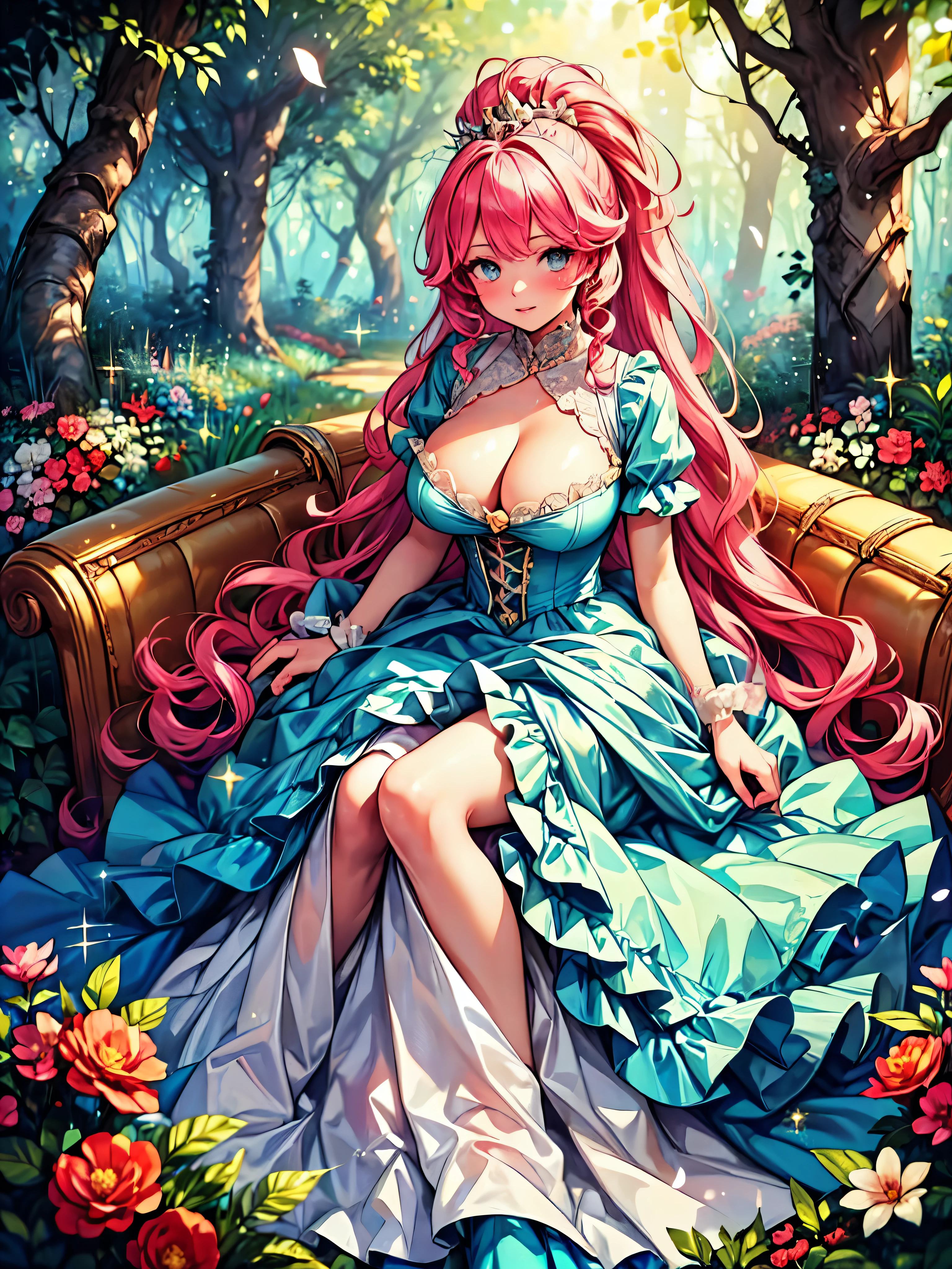 ((Moe anime art style:1.2)), (((masterpiece))), (((best quality))), ((ultra detailed)), (illustration), ((an extremely delicate and beautiful)), ((super detailed skin)), (((8K))), BREAK (((solo girl, A young-looking princess))), (18 years old), ((full body)), ((from front)), (sit astride, straddling), ((lean against a tree)), BREAK (((Shiny dark pink taffeta))), ((Dense lace, Long train, Lots of frills)), (((Full-length crinoline hoop skirt, Beautiful and luxurious Rococo Victorian ball gown dress))), BREAK (((huge breasts))), ((breast focus, cleavage cutout)), Sweat on the chest, BREAK (((Super delicate and beautiful face))), ((Beautiful Lips, Delicate beautiful eyes)), ((embarrassed)), BREAK bangs, (((Pink Hair, Fluffy ponytail, Curly Hair, Expressive hair, very voluminous long hair))), Beautiful silver and jeweled hair ornaments, BREAK (((nature))), (in forest), ((so many colorful flowers)), ((Flowing petals)), Particles of light pouring down, (light sparkles:1.5), (light leaks:1.5), (depth of field:1.2),