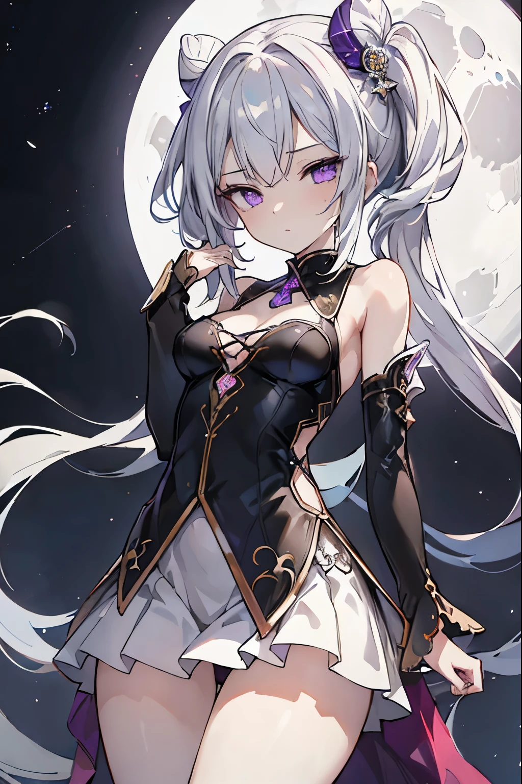 1girl, アニメ, cute girl, blank background, white background, fantasy, detailed fantasy dress with highlights, beautiful face, beautiful eyes, dark colors, black hair with multicolor streaks, red eye with different color pupil in eye, multicolor eye, medium breasts, slight cleavage, beautiful skin, cute, breast curtains, extremely delicate and beautiful, (beautiful detailed face:1.0), (detailed deep eyes), symmetrical breasts, deep eyes, shiny skin, portrait, slender waist, hips wider than shoulders, thighs, expressionless, young girl, luminous eyes, adorable,(Kpop idol),(aegyo sal:1),(Platinum blonde hair:1),((puffy eye)),Black panty,sexy posture,Superskirt, Ultra-high resolution,Black collar,slim figure, Abdominal y tattoo, womb tattoo,Tight-fitting leg ring,y tattoo on half-body,Bare skin, Armored hand,Hidden fingertips,Hand covered,Arm covered,Fist covered,{{beautiful detailed fingers}}, tufts of hair, moderate beautiful breast:1.0,(masterpiece:1.2), best quality, high-res, HDR, perfect face, intricate armor, delicate blue filigree, intricate filigree, red metalic parts, detailed part, dynamic pose, dynamic lights, cute face, neutral expression, shuimobysim, lotus, Hanfu, maxi skirt, dress conservatively 1girl, 独奏, long blue hair, standing, One lady,ars,((White hair) ,(Shiny purple bodysuit with microskirt),((Fantasy, Moon Night)), gradient_eyes,