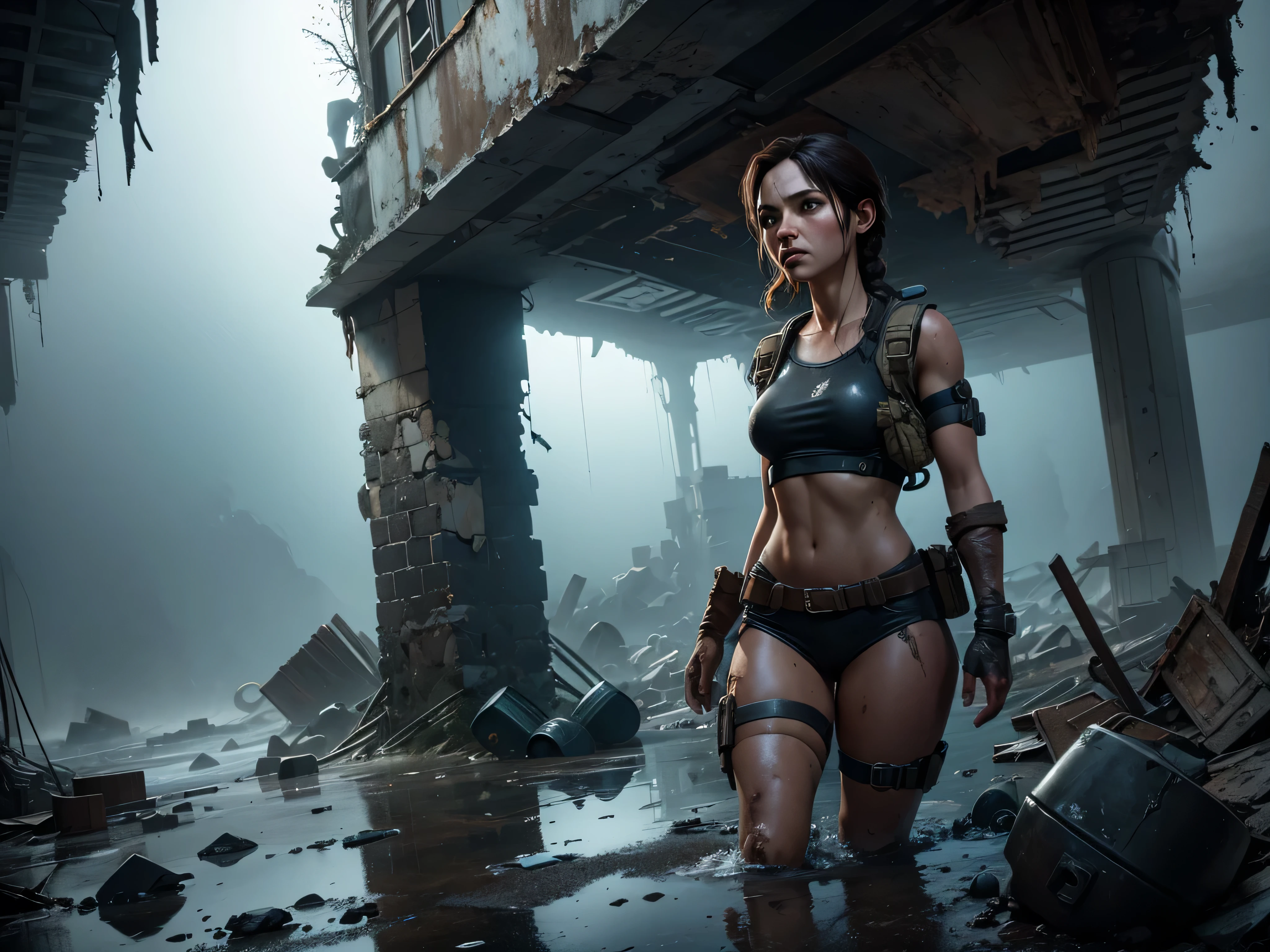 A desolate underwater scene: Lara Croft, dressed in her adventure gear, jumps into the murky depths from a crumbling, partially submerged derelict building. The water's dark, damp surface reflects the gloomy surroundings as she struggles to free herself from the wreckage. Broken plaster and floorboards scatter the seafloor, while rubble and debris clutter the area. Wet clothing clings to her body, a stark contrast to the eerie, glistening yet endless darkness that surrounds her.