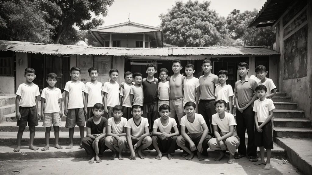 1930s, monochrome photography, nine Southeast Asian street Children, stairs, outdoors, slam, group photo, group, commemorative photo, (the leader boy is in the center with his arms crossed), 32K, Best quality, Masterpiece, super detail, High Details,