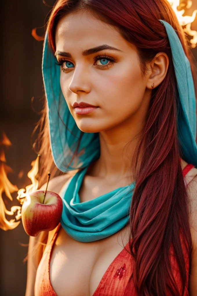 An apple on fire of cherry color, with turquoise eyes and a defiant look