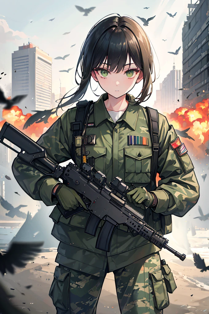1man, close up, facing viewer, asian, black hair, green eyes, wearing american camo soldier uniform, running, assault rifle, birds, prophets, operations, luna, war torn city, shooting, explosions, absurdres, high res, ultrasharp, 8K, masterpiece, looking at viewer