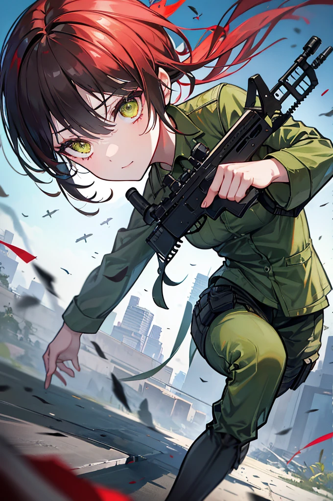1man, close up, facing viewer, asian, black hair, green eyes, wearing american camo soldier uniform, running, assault rifle, birds, prophets, operations, luna, war torn city, shooting, explosions, absurdres, high res, ultrasharp, 8K, masterpiece, looking at viewer