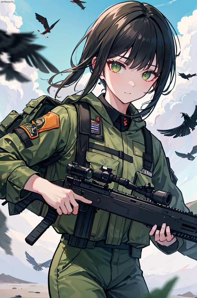 1man, close up, facing viewer, asian, black hair, green eyes, wearing american camo soldier uniform, running, assault rifle, birds, prophets, operations, luna, war torn city, shooting, explosions, absurdres, high res, ultrasharp, 8K, masterpiece, looking at viewer