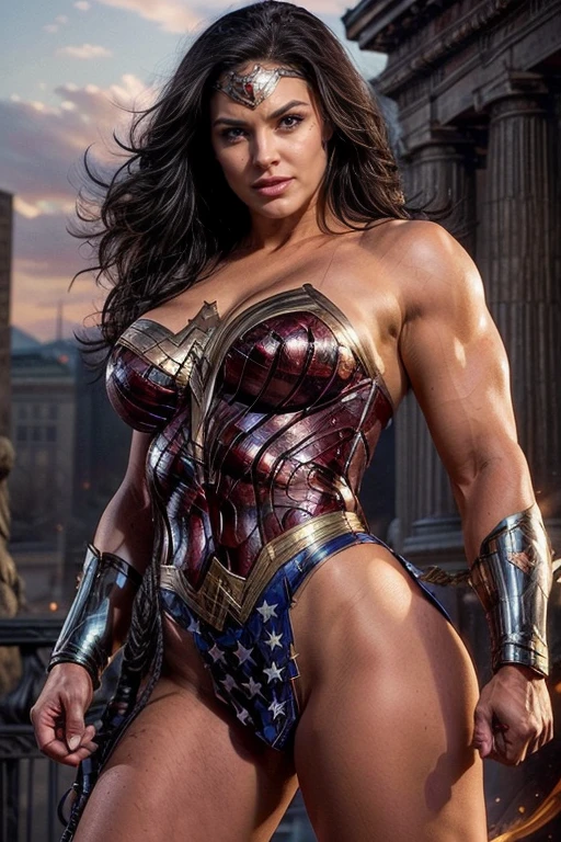 Art image of Gina Carano as Wonder Woman, busty, beautiful, black hair,big massive muscles,big shoulders,big arms, large breasts, ancient Athens background, by Louis Royo, Boris Vallejo, Frank Frazetta, extreme focus, sharp details, sexy, oily skin, sexy, naughty, sexy pose