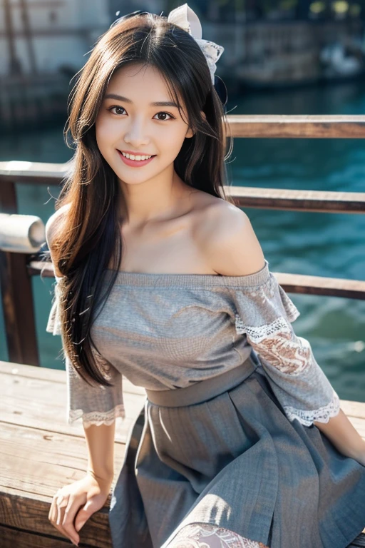 (4k, Photorealistic, Top Quality, Ultra High Resolution, Masterpiece, Raw Photo, Bright Lighting, Face Light, Smooth Professional Lighting, Japan Girl, Super Cute, Realistic Skin, Hydrated Skin, Perfect Model Body Type, Balance Carefully, Bright Smile Showing Teeth, Childish Face, 15 year old beautiful girl, Small breasts, Camera Gaze, Big Eyes, Symmetrical Eyes), Upper Body Images, Upper Body Close Up, Front Pose, hairstyle(Black Straight Long Hair, Straight Hair, Long Hair, Black Hair, Pretty black hair), fashion((Cute off the shoulder, Off the shoulder with a large ribbon, Off the shoulder in gray color), (Cute Lace Skirt, White lace skirt, Lace Flared Skirt)), sea, Boarding the ship, On board