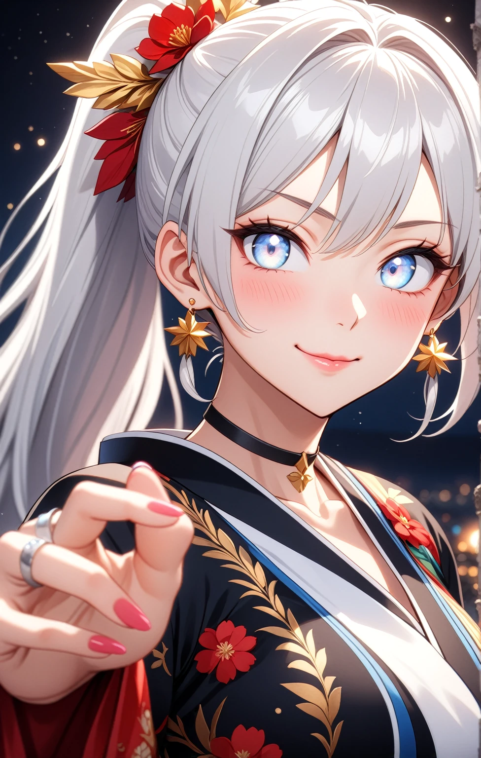 ((One personの女性)), Beautiful Face, (embarrassed), (smirk), ((Wink:1.8)), Laugh with your mouth wide open,((Bright red cheeks:1.4)),Shiny red lips,night,横浜のnight景,You can see the ocean, firework,,Glossy pink lips,Facial lighting,((Anime style background)),masterpiece, Highest quality, so beautiful,up to date, Complex details, (Pink long nails),  (ring),(bracelet),(choker),AI-generated, Complex,High resolution, Highest quality, super high quality,3D Images、3D Images,One person,Long white hair,High Ponytail,(blue eyes),Anime woman posing for a photo, ((Fine grain、Silvery white colorful eyes、Shining Eyes:1.3)),(Squint your eyes:1.1),a hyperRealistic , hyperRealistic , Realistic,Anime woman with long white hair, Smooth anime CG art, A woman in a colorful kimono with gold embroidery, (Black long sleeve kimono),Red floral pattern,Long flower hair ornament,Earrings,Mature Body,(Big Breasts:1.1),Tall,Abdominal muscles,Narrow waist,(Zoom up to face:1.5), ((from side)),