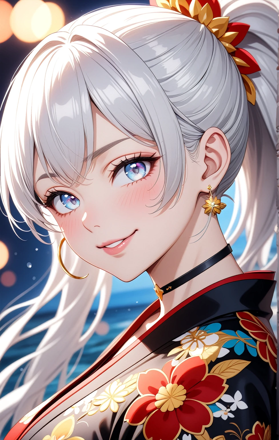 ((One personの女性)), Beautiful Face, (embarrassed), (smirk), ((Wink:1.8)), Laugh with your mouth wide open,((Bright red cheeks:1.4)),Shiny red lips,night,横浜のnight景,You can see the ocean, firework,,Glossy pink lips,Facial lighting,((Anime style background)),masterpiece, Highest quality, so beautiful,up to date, Complex details, (Pink long nails), (ring),(bracelet),(choker),AI-generated, Complex,High resolution, Highest quality, super high quality,3D Images、3D Images,One person,Long white hair,High Ponytail,(blue eyes),Anime woman posing for a photo, ((Fine grain、Silvery white colorful eyes、Shining Eyes:1.3)),(Squint your eyes:1.1),a hyperRealistic , hyperRealistic , Realistic,Anime woman with long white hair, Smooth anime CG art, A woman in a colorful kimono with gold embroidery, (Black long sleeve kimono),Red floral pattern,Long flower hair ornament,Earrings,Mature Body,(Big Breasts:1.1),Tall,Abdominal muscles,Narrow waist,(Zoom up to face:1.5), ((from side)),