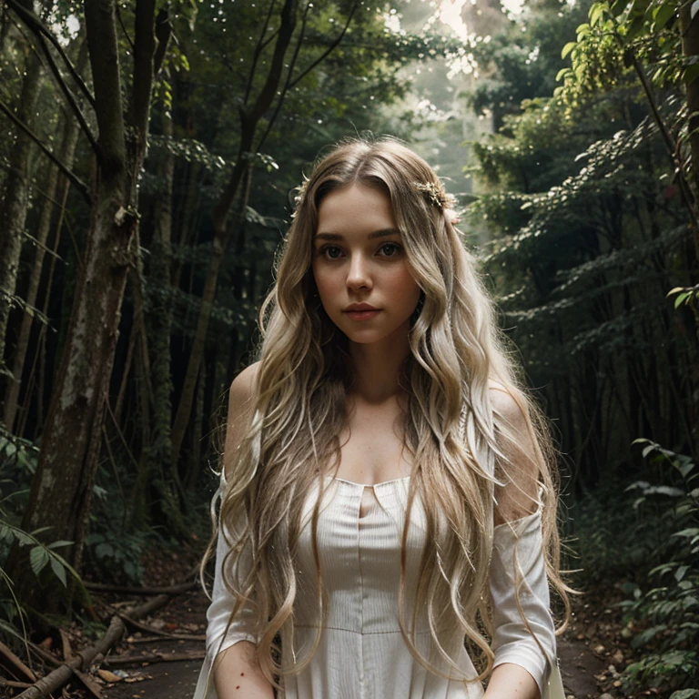 Beautiful slim white woman, long wavy asymmetrical hair with antique angel look, amidst overgrown ruins and nature deep in a forest, evening lights