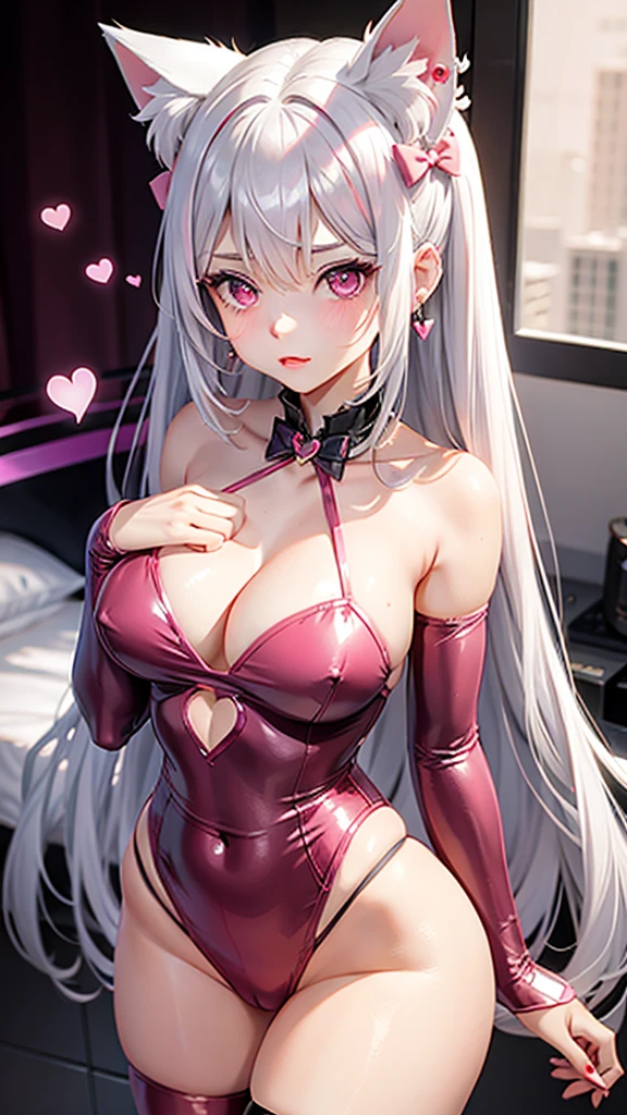 Silver hair, pink eyes, body, cat ears, sexy girl, earrings, heart background fantasy, red pink uniform, hair bow