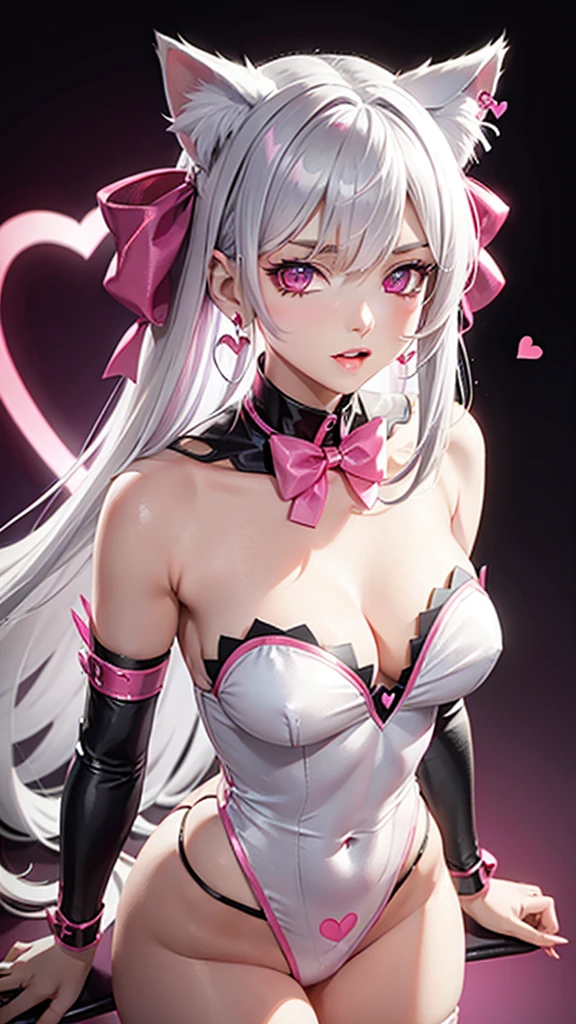 Silver hair, pink eyes, body, cat ears, sexy girl, earrings, heart background fantasy, red pink uniform, hair bow