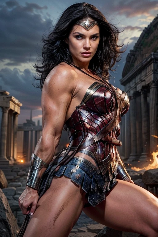 Art image of Gina Carano as Wonder Woman, busty, beautiful, black hair,big massive muscles,big shoulders,big arms, large breasts, ancient Athens background, by Louis Royo, Boris Vallejo, Frank Frazetta, extreme focus, sharp details, sexy, oily skin, sexy, naughty, sexy pose