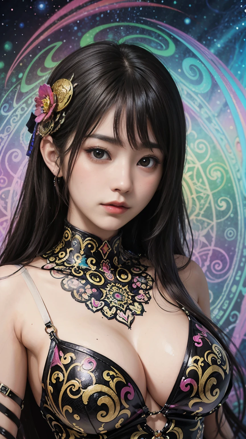 woman body、Saturated colors、Dark colors、psychedelic image、lsd、mandalas、fractral、mystical、Detailed Detailing、Psychedelic painting of a woman with large breasts, サイケデリックなgoddess, DMT Art, DMTgoddess, Visionary artistic style, Psychedelic Art style, 3d, goddess, Portraiture, Psychedelic Art nouveau, Psychic Trance Artwork, Psychedelic Digital Art, Digital Visionary Art, Psychedelic Art, Psychedelic Surreal Art, Psychedelic Artwork, Highly detailed technicolor, Ultra-detailed fantasy art