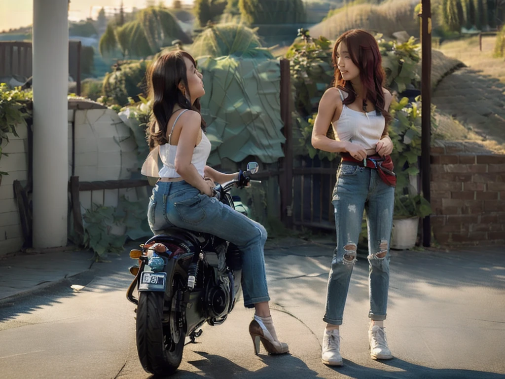 Woman riding a Harley,Long black hair with red highlights, Full Scene Shot, Highest quality, sunset, Step Path, The wind is blowing,Look up at the sky, Beautiful woman, Outdoor Scene, 自然のlandscape, bikini, Umbilical cord prolapse, jeans,Cross Belt、Highly detailed face and skin texture, fine grain,, whole body, Octane Rendering,Two-tone lighting,wide aperture,Low ISO,White balance, Driving a classic motorcycle, landscape