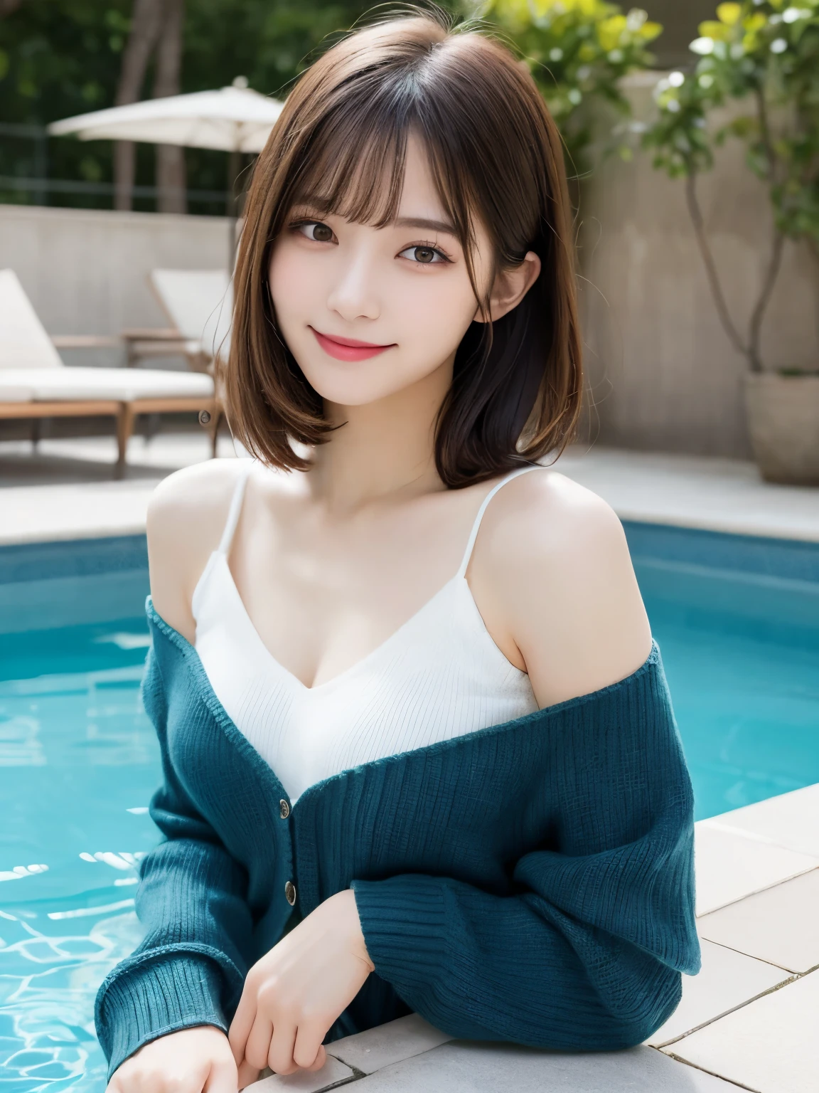 masutepiece, Best Quality, Illustration, Ultra-detailed, finely detail, hight resolution, 8K Wallpaper, Perfect dynamic composition, Beautiful detailed eyes, doress, short Hair, mid-chest, Natural Color Lip, Random and sexy poses,Smile, Blurred Poolside background、20 years girl、Colossal 、Too much exposure、No shoulder knitwear（off white）、Exposing the chest、Slid、I keep my hair tied up