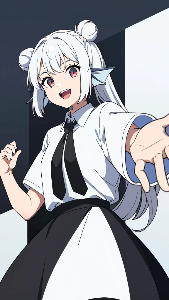 1girl,20 years old,solo,(white background,line drawing),long hair,white hair,finana,twintails,((white shirt,short sleeves,black standart tie,black skirt)),open mouth,outstretched hand,smile,double bun,(from front),