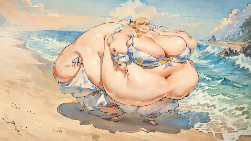 Rule_of_thirds, full_body_portrait, watercolors, desktop wallpaper, No shoes,slingshot swimsuit,dancing，sexy SSBBW, (gigantic cleavage breasts:1.5) solo person, Solo,Professional toes，Blonde curls，Full body like, walking On the beach，grin face, beautiful feet, beautiful hands, milf belly, chubby milf, 