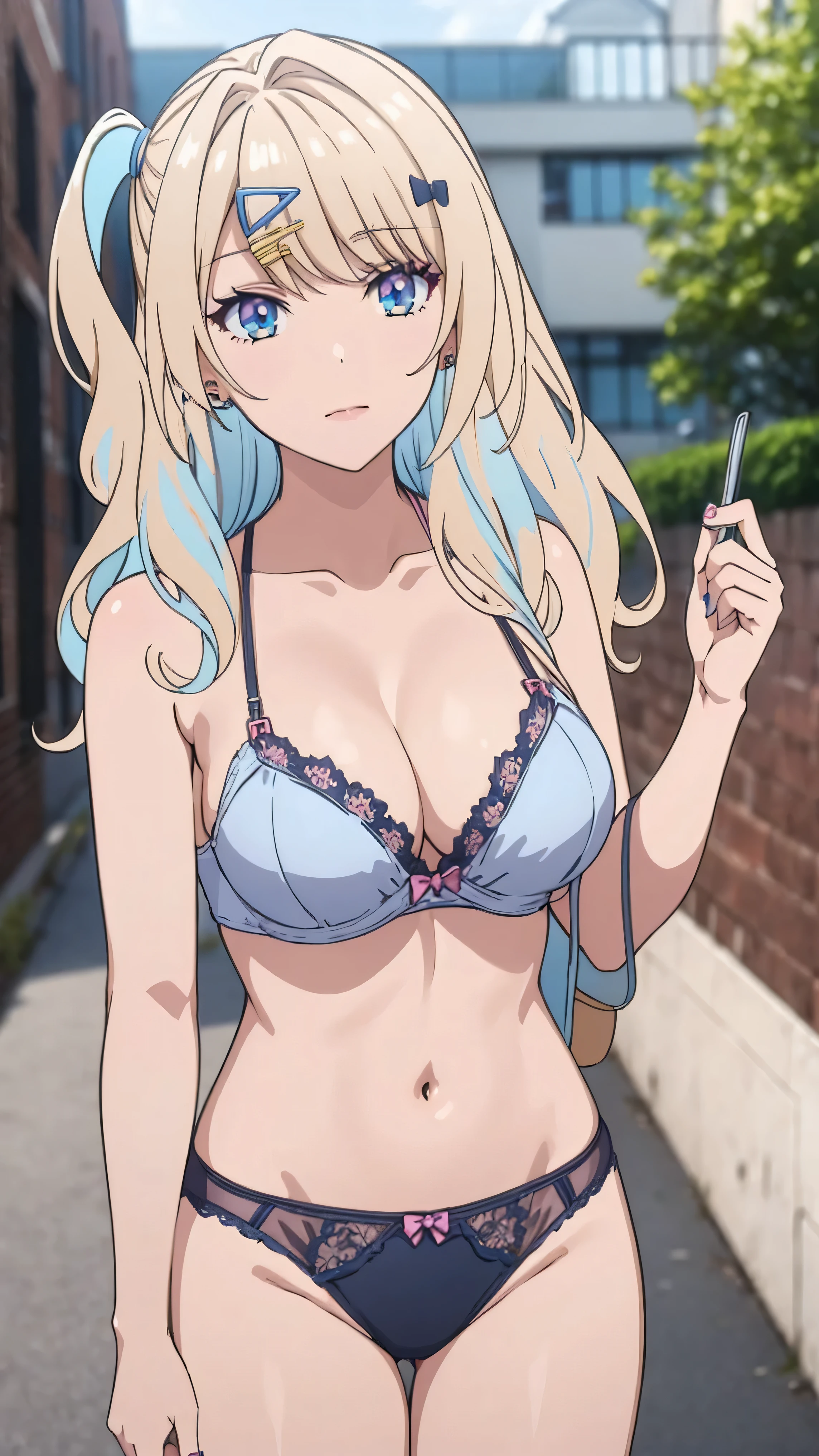 (masterpiece, best quality), ShirakawaRuna, 1girl, solo , blonde hair, multicolored hair, bangs, one side up, long hair, blue eyes, hairclip, jewelry, earrings, big breasts, cleavage, collarbone, lingerie, black lingerie, beautiful body, bra and pantie