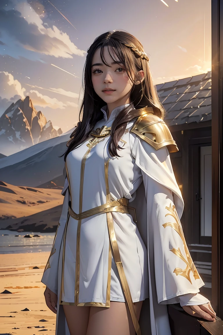 ((masterpiece, best quality, extremely detailed), volumetric lighting, ambient occlusion, colorful, glowing), 1girl, solo, young girl, (dark hair), long hair, ranger suit, hunter class dnd, cloak, (white outfit with gold detailst:1.3), armor, outdoors, sunset, sky, clouds, space, (fantasy theme:1.2),