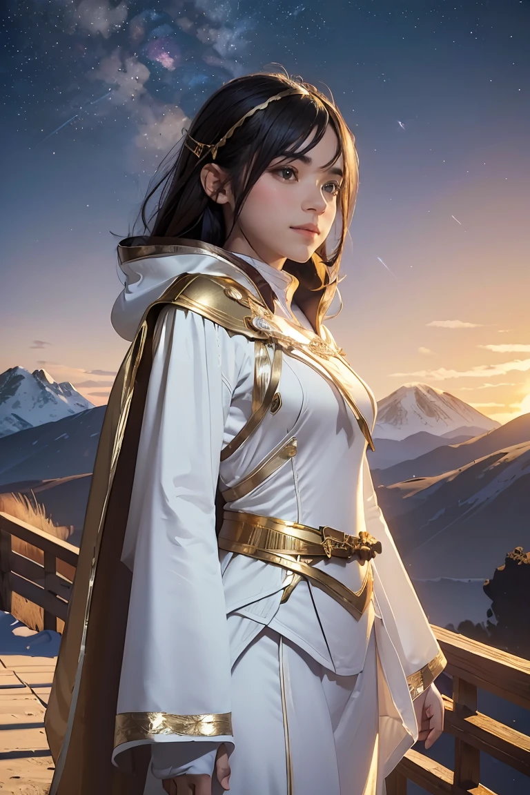 ((masterpiece, best quality, extremely detailed), volumetric lighting, ambient occlusion, colorful, glowing), 1girl, solo, young girl, (dark hair), long hair, ranger suit, hunter class dnd, cloak, (white outfit with gold detailst:1.3), armor, outdoors, sunset, sky, clouds, space, (fantasy theme:1.2),