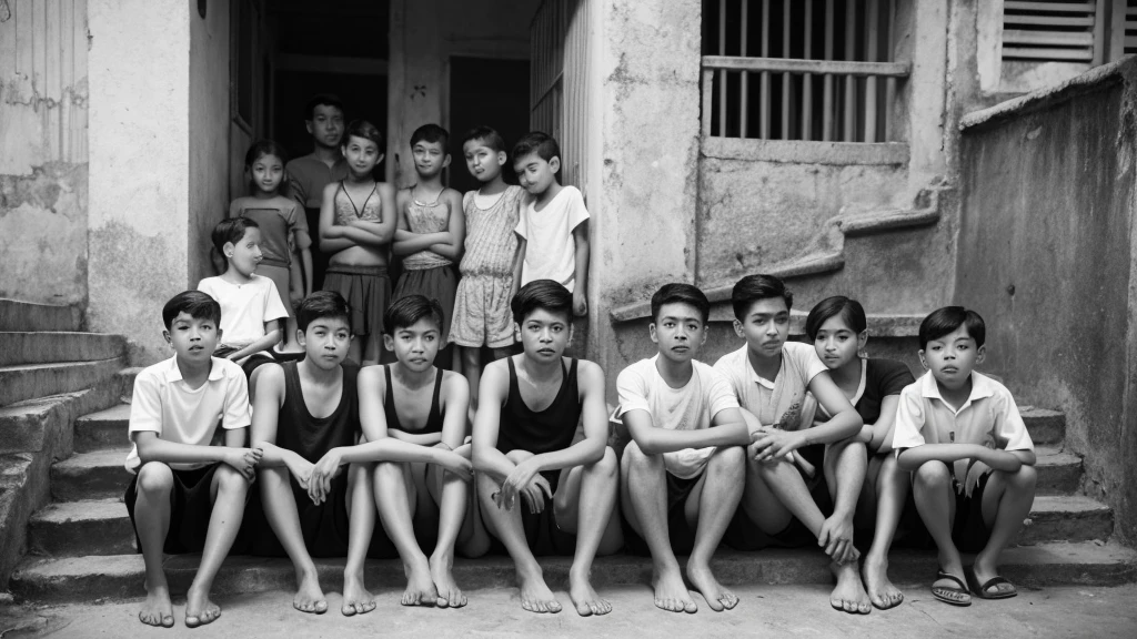 1930s, monochrome photography, Southeast Asian street Children, stairs, outdoors, slam, group photo, group, (the leader boy is in the center with his arms crossed), 32K, Best quality, Masterpiece, super detail, High Details,
