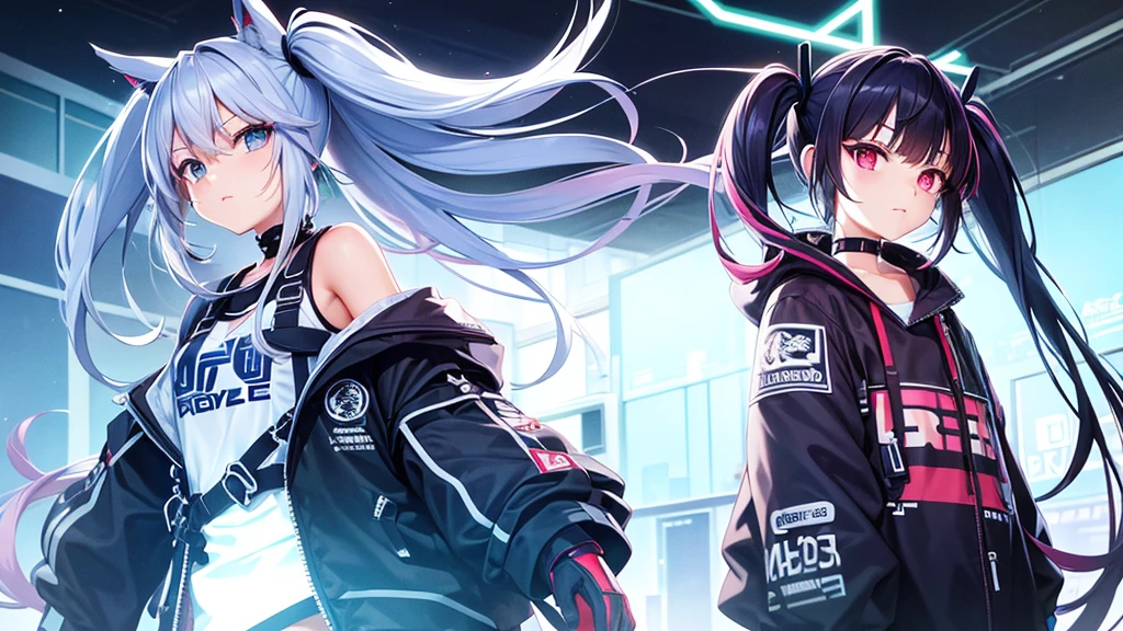 Twin-tail hair accessory, cyber style, cool, front-facing