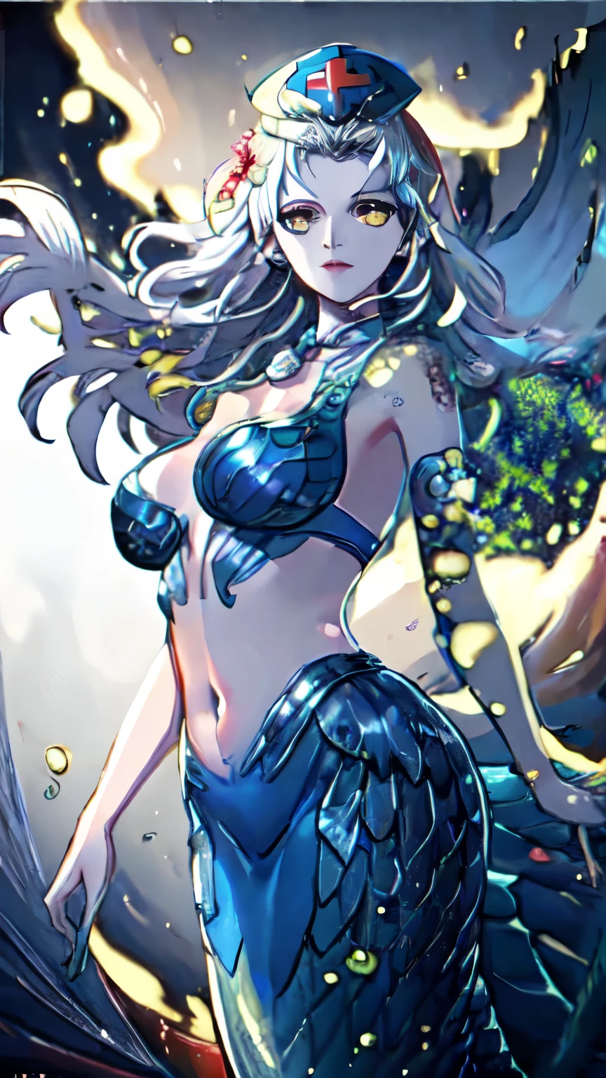 (illustration:1.8),(best quality),(masterpiece:1.5),masterpiece,extremely detailed CG unity 8k wallpaper),depth of field, mermaid, 1girl, solo, midriff, navel, armpits, bra, fins, gills, bracelet, armlet, necklace, pearls, choker, gold, jewelry, full body, yagokoro eirin, braid, white hair, nurse cap