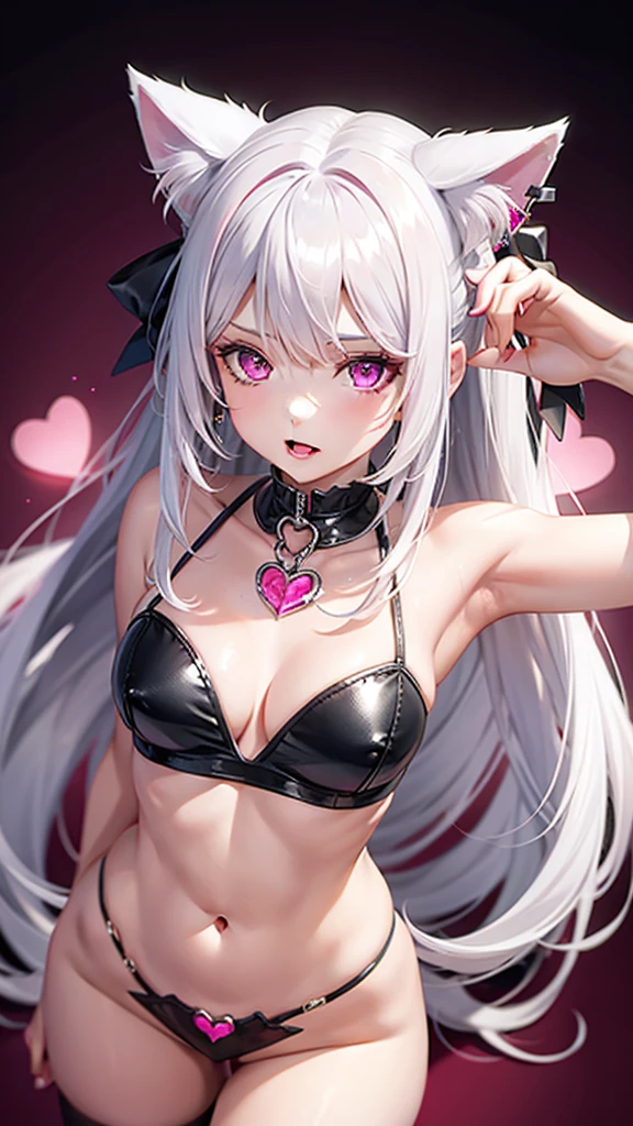 Silver hair, pink eyes, body, cat ears, sexy girl, earrings, heart background fantasy, red pink uniform, hair bow