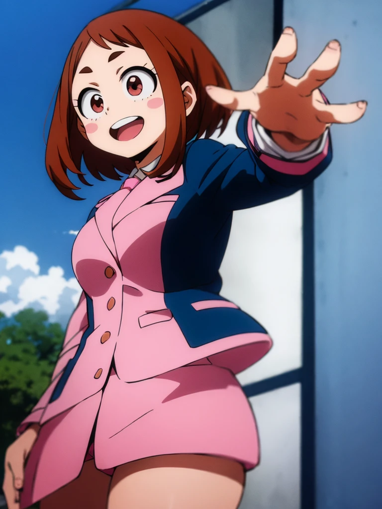 ochaco_uraraka, 1girl, solo, pink skirt suit, necktie, blush_stickers, pink pencil skirt, open_mouth, looking_at_viewer, smile, jacket, sky, day, cloud, pink blazer, :d, long_sleeves, teeth, shirt, blue_sky, tree, outdoors, white_shirt, blush, waving, upper_teeth_only, window, cowboy_shot, standing, cloudy_sky, hands_up