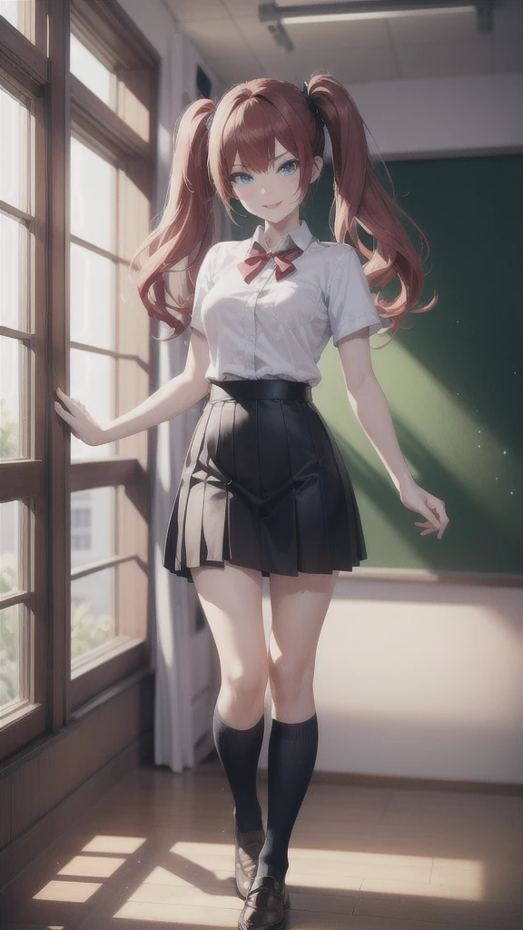 full body:1.2, cowboy shot, 1girl, (tall, skinny, small breast), (suntan:1.2), (crimson red hair, Long Twintails, blue eyes), slightly makeup, red lips, perfect face, perfect eyes, detailed face, detailed eyes, school uniform, classroom, evil smirk,gyaru:1.2, (master piece:1.2, best quality:1.2, perfect lighting, natural lighting, highres, 8K, 4K, UHD, Ultra Detailed 8K CG, extremely detailed CG unity 8k wallpaper, ultra high res, High quality texture, High quality shadow, vivid colors, soft HDR)