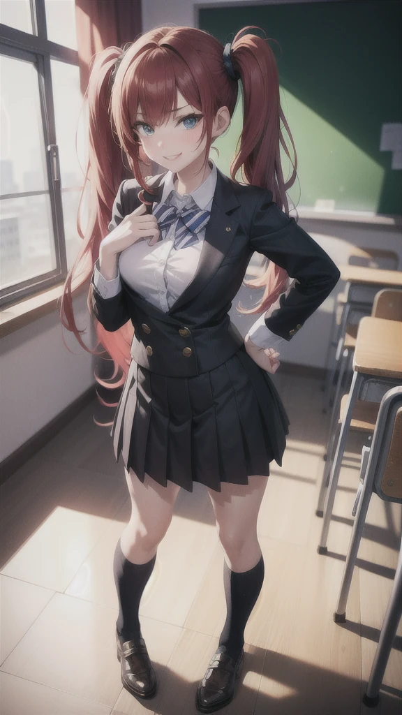 full body:1.2, cowboy shot, 1girl, (tall, skinny, small breast), (suntan:1.2), (crimson red hair, Long Twintails, blue eyes), slightly makeup, red lips, perfect face, perfect eyes, detailed face, detailed eyes, school uniform, classroom, evil smirk,gyaru:1.2, (master piece:1.2, best quality:1.2, perfect lighting, natural lighting, highres, 8K, 4K, UHD, Ultra Detailed 8K CG, extremely detailed CG unity 8k wallpaper, ultra high res, High quality texture, High quality shadow, vivid colors, soft HDR)