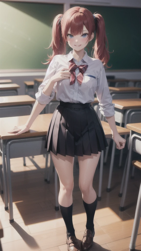 full body:1.2, cowboy shot, 1girl, (tall, skinny, small breast), (suntan:1.2), (crimson red hair, Long Twintails, blue eyes), slightly makeup, red lips, perfect face, perfect eyes, detailed face, detailed eyes, school uniform, classroom, evil smirk,gyaru:1.2, (master piece:1.2, best quality:1.2, perfect lighting, natural lighting, highres, 8K, 4K, UHD, Ultra Detailed 8K CG, extremely detailed CG unity 8k wallpaper, ultra high res, High quality texture, High quality shadow, vivid colors, soft HDR)