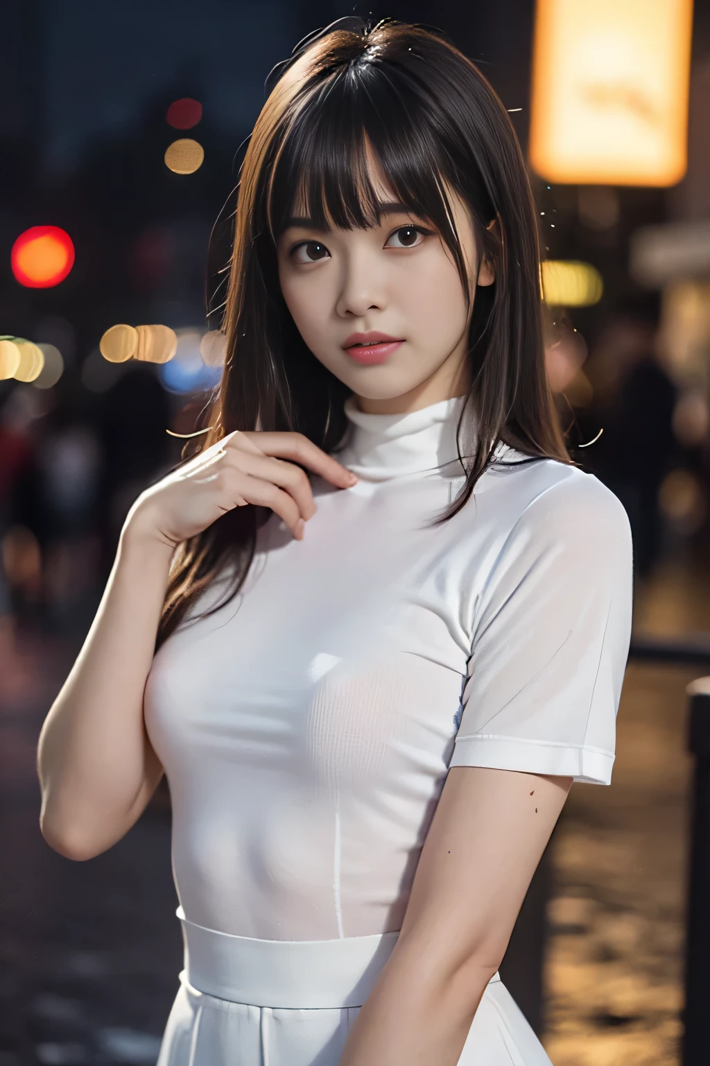 Random Pause, Mix 4,8K, RAW Photos, Highest quality, masterpiece: 1.45), (Realistic, photoRealistic: 1.37), one girl, cute, Cityscape, night, rain, wet, Professional Lighting, Photon Mapping, Radio City, Physically Based Rendering, ,, girl, {{{See-through (white tight short-sleeved turtleneck:1.2):Nipples}}}, White skin, best quality photos, High resolution, 1080P, (Clear Face), (Detailed face description), (Detailed hand description), (masterpiece), ), Extreme light and shadow, (Straight Hair:1.5}, masterpiece, Rich details, (Beautiful Face), (Highest quality photo ), (masterpiece), (bangs:1.5), Look in front of you, Thin clavicle, (Small breasts:1.4),{white min skirt:see-through:pink panty}