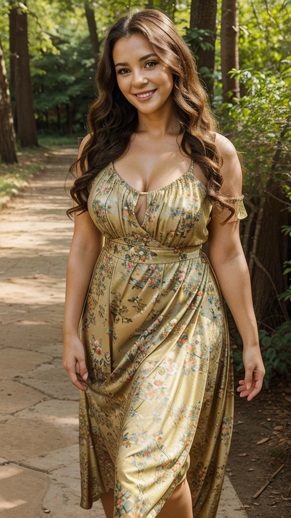 A beautiful and hot almost chubby mature  woman.long curly hairstyle, who is wearing a golden floral dress. And standing in nature. A smiling face