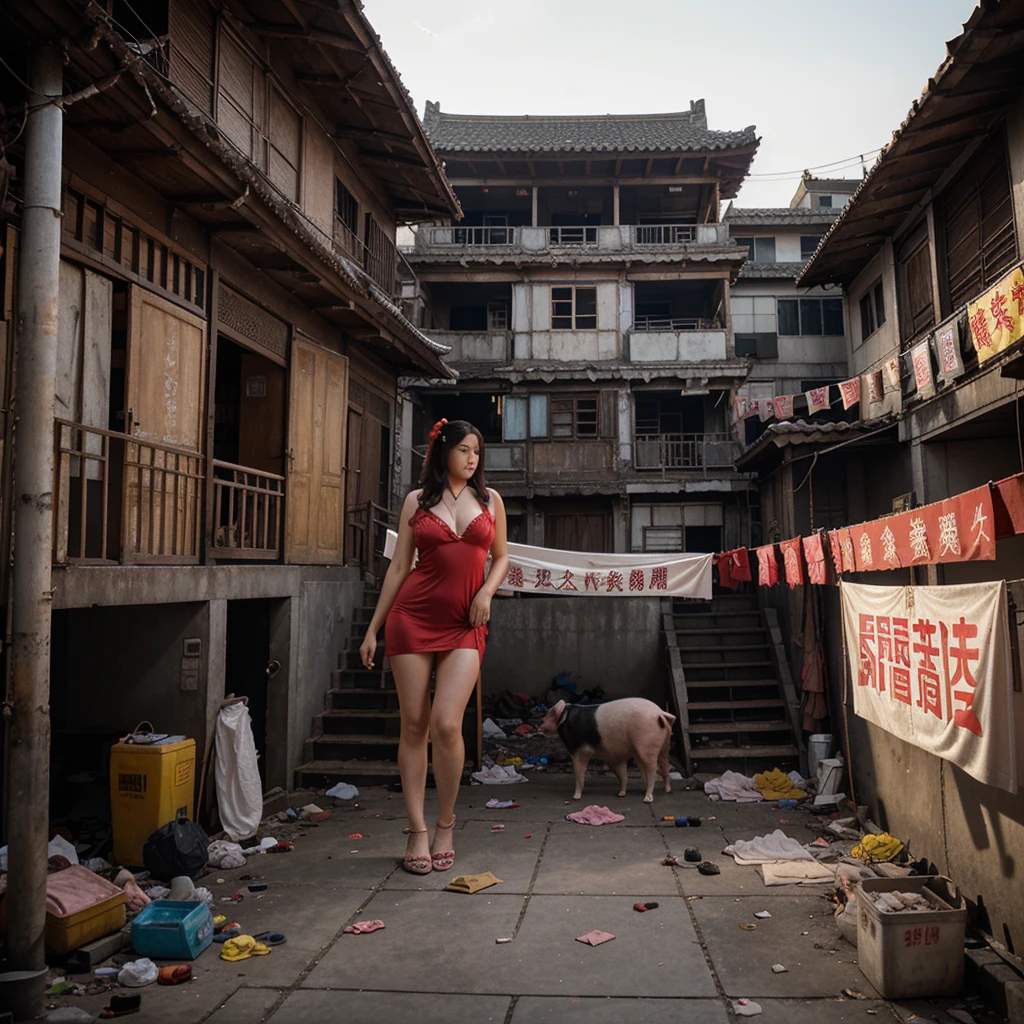 A hyper realistic cinematic freeze,extreme long shot,font view.A dark and moody scene. a Voluptuous Chinese middle-aged woman, look displeased a Cigarette in mouth and smoking with red and yellow curlers in their hair, wearing a white nightgown dress, red shawl and pink thongs shoes and a pig standing at the The courtyard in front of the slum building with multiple levels and staircases in Shanghai during the 1960s,Various signs and banners with Asian characters are displayed across the building fronts surrounding the courtyard.The ground is littered with what appears to be debris or discarded items, contributing to a sense of disarray or abandonment. The architecture includes wooden balconies and intricate designs that suggest this could be a place of business or residence, slum environment, movie color grading style