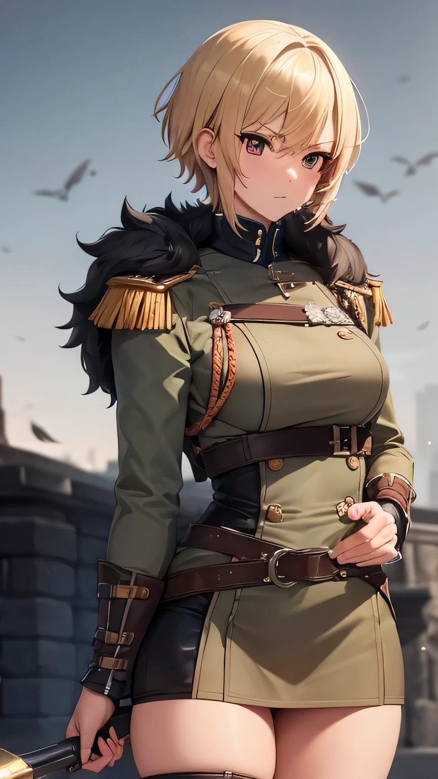 Guardsman, British Guard, Bearskin, blonde hair, short hair, raised eyebrows, serious, textured skin, ((masterpiece)), accurate, high quality, high details, best quality