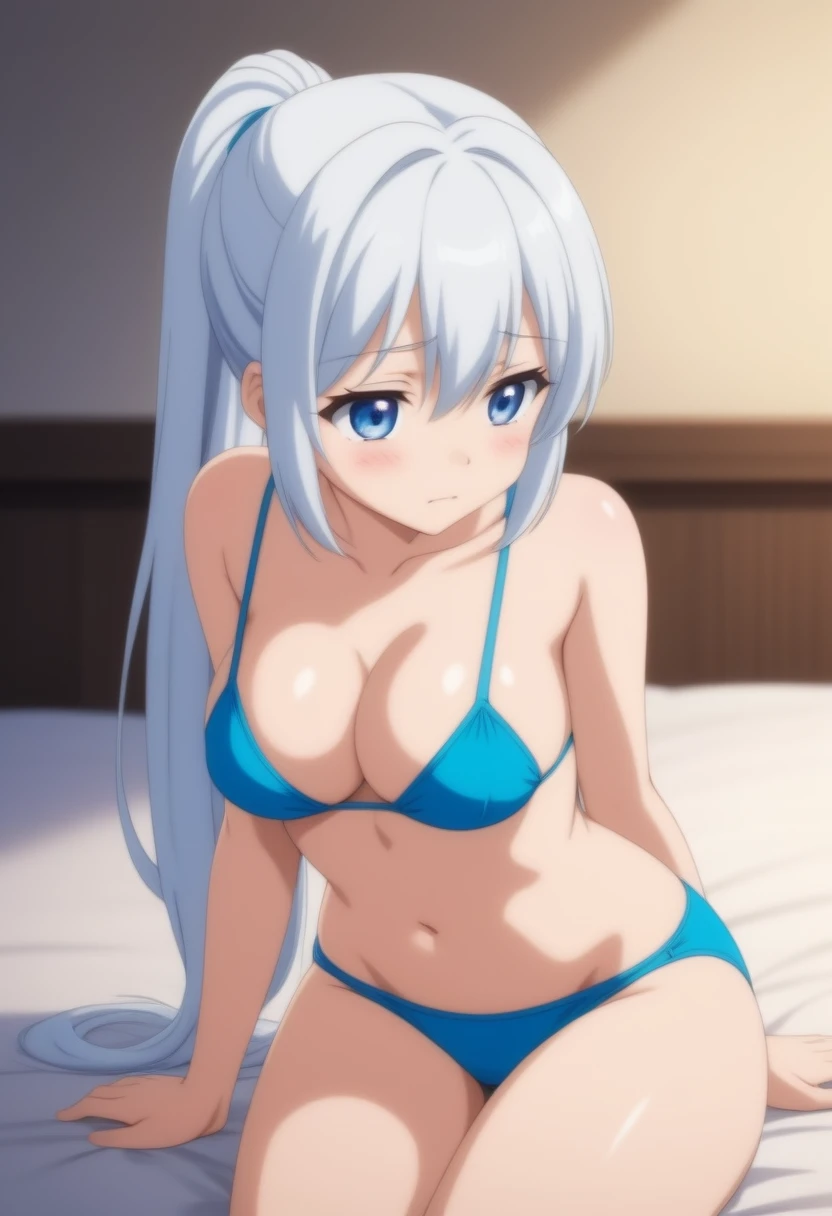 large breasts, anime, , blue bikini, white hair, pony tail, appear between breasts, cute girl, light blue eyes, ashamed, sitting on the bed, take off clothes,