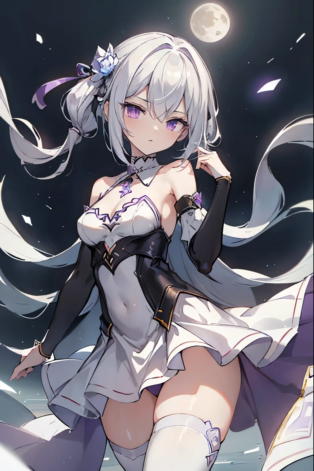 1girl, アニメ, cute girl, blank background, white background, fantasy, detailed fantasy dress with highlights, beautiful face, beautiful eyes, dark colors, black hair with multicolor streaks, red eye with different color pupil in eye, multicolor eye, medium breasts, slight cleavage, beautiful skin, cute, breast curtains, extremely delicate and beautiful, (beautiful detailed face:1.0), (detailed deep eyes), symmetrical breasts, deep eyes, shiny skin, portrait, slender waist, hips wider than shoulders, thighs, expressionless, young girl, luminous eyes, adorable，（Kpop idol）,（aegyo sal：1），（Platinum blonde hair：1），（（puffy eye）），Black panty，sexy posture，Superskirt, Ultra-high resolution，Black collar，slim figure, Abdominal y tattoo, womb tattoo，Tight-fitting leg ring，y tattoo on half-body，Bare skin, Armored hand，Hidden fingertips，Hand covered，Arm covered，Fist covered,{{beautiful detailed fingers}}, tufts of hair, moderate beautiful breast:1.0,(masterpiece:1.2), best quality, high-res, HDR, perfect face, intricate armor, delicate blue filigree, intricate filigree, red metalic parts, detailed part, dynamic pose, dynamic lights, cute face, neutral expression, shuimobysim, lotus, Hanfu, maxi skirt, dress conservatively 1girl, 独奏, long blue hair, standing, One lady,ars,((White hair) ,(Shiny purple bodysuit with microskirt),((Fantasy, Moon Night)), gradient_eyes,