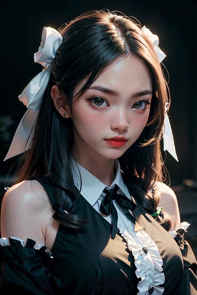 ((masterpiece, best quality)),best aesthetic,1girl, solo, long hair, black dress, flower, ribbon, black background, black hair, rose, hair ribbon, green eyes, long sleeves, white rose, closed mouth, black ribbon, upper body, cinematic lighting