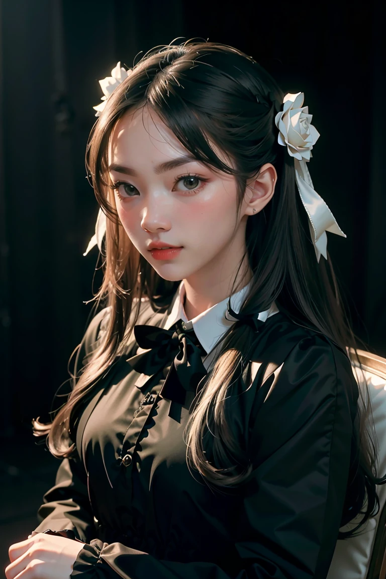 ((masterpiece, best quality)),best aesthetic,1girl, solo, long hair, black dress, flower, ribbon, black background, black hair, rose, hair ribbon, green eyes, long sleeves, white rose, closed mouth, black ribbon, upper body, cinematic lighting