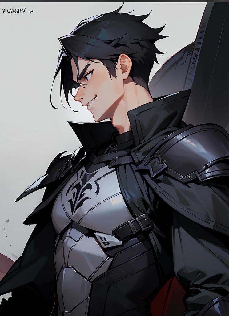 1 , handsome fashion hair,black hair highlight hair, fanstasy, smile face, male ,fantasy, reaper, hunter with blackshortsword, villian face, black armor , darkness wolrd, bad