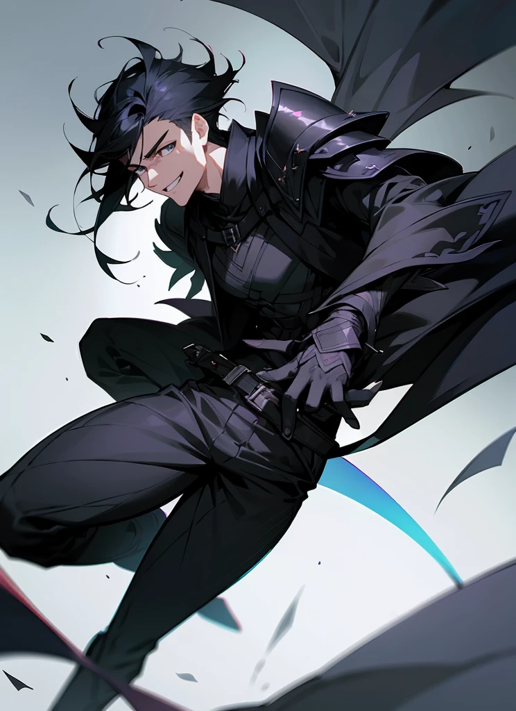 1 , handsome fashion hair,black hair highlight hair, fanstasy, smile face, male ,fantasy, reaper, hunter with blackshortsword, villian face, black armor , darkness wolrd, bad