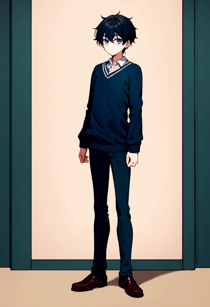 A young man with wavy short navy hair and blue eyes. He has a pretty and delicate appearance. He is standing in a 3/4 view, like a character in a visual novel, wearing a school sweater. Full body in view, His body type is slender and twink-like. The background is solid